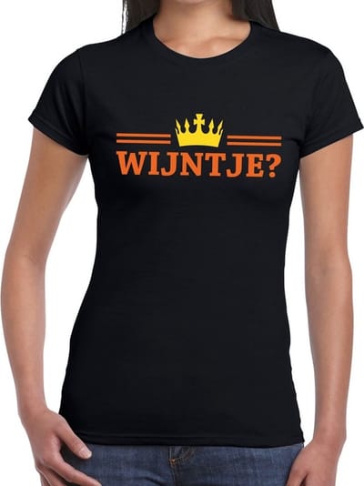 Zwart Wijntje en kroon shirt dames - Zwart Koningsdag kleding XS