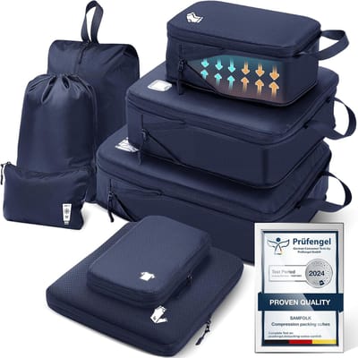 SnelShoppen - Packing Cubes Compressie Kofferorganizer 8 Stuks - Waterdichte Pakzakken voor Handbagage, Koffers en Rugzakken - Blauw - Ideaal voor Rei