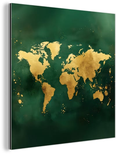 Aluminium schilderij 90x90 cm - Wanddecoratie metaal - Wereldkaart - Groen - Goud - Metalen muurdecoratie woonkamer - Decoratie industrieel - Foto op dibond - Industriële accessoires slaapkamer