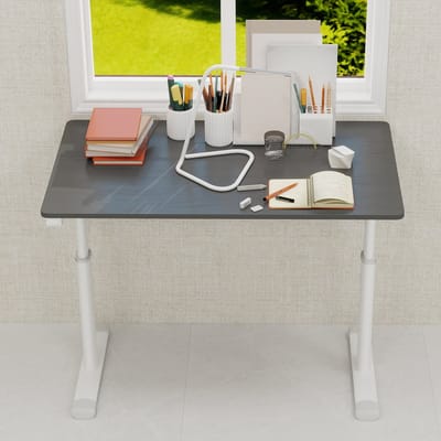 MODFU - Verstelbaar Bureau - Handslinger En Dubbele Kolom - Eenvoudig Ontwerp - Thuiswerkplek - Metaal En Hout - Grijs