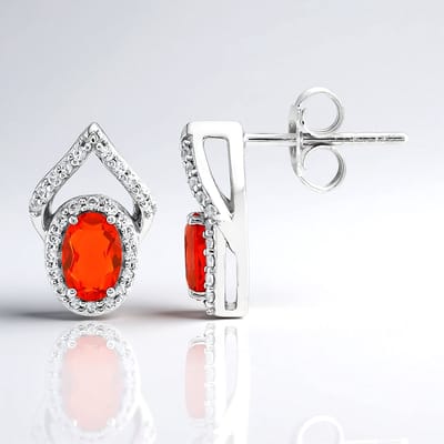 Cavill - Zilveren Oorbellen - 925 Sterling Zilver Gerhodineerd - AAA Mexicaanse Vuur Opalen 0.51 ct & 52 Zirkonia 0.318 ct - Elegant Ovaal 13 mm