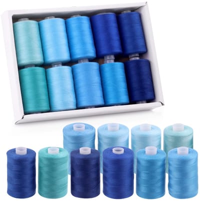 Set van 10 stuks Naaigaren – 1000 yards– Blauwe versie – Polyester – Incl. Naaldinrijgers – Voor Handnaaien & Knutselen-DIY