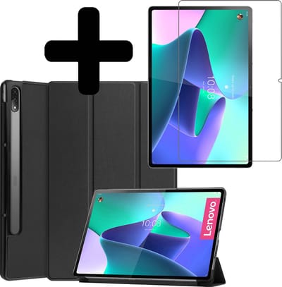 Hoes - Geschikt voor Lenovo Tab P12 Pro - Met Screenprotector - Trifold Bookcase - Hard Cover - Hardcover Book Case - Tablet Hoesje - Zwart