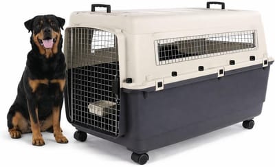 Reisbench hond – Autobench – Transportbox hond – Fomad Donkergrijs XXL (70x100x69,5 cm) – Kunststof – Met metalen deur & veiligheidsslot – Inclusief eet- en drinkpot & wielen – Flamingo