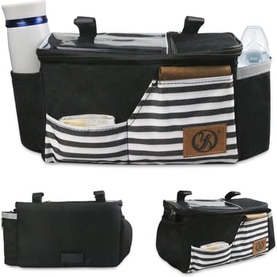 Kinderwagen Organizer - Praktische Organizer met Bekerhouder, Schouderriem en Opbergruimte voor Luiers en Mobiele Telefoons, Geschikt voor Buggy's en Kinderwagens