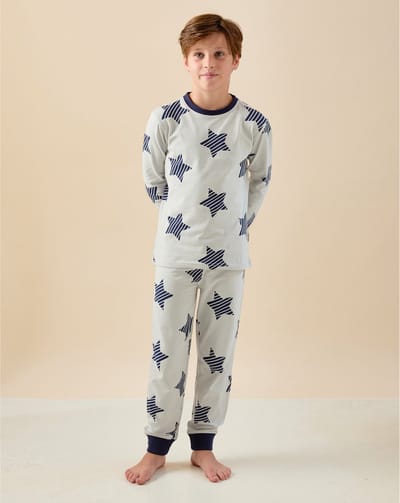 Little Label - TOMMY pyjama jongens - grijs blauw sterren-print - 2Y/86-92 - extra zachte bio-katoen