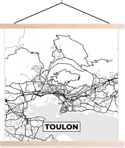 Posterhanger incl. Poster 40x40 cm - Schoolplaat - Toulon - Stadskaart - Frankrijk - Kaart - Plattegrond - Zwart wit - Textielposter - Blanke latten - Stadskaart