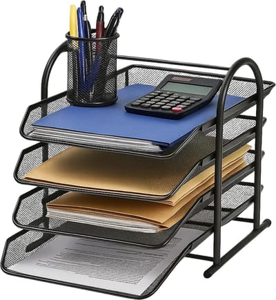 Lomera Brievenbak Met 4 Vakken - 4 Uitschuifbare Lagen - Postbak - Documentenhouder - Bureau Organizer - Zwart Mesh Metaal - A4 Formaat - Ruimtebesparend - Voor Op Bureau - Postbakje - Sorteerrek - Documenten Bewaren - Metaal - Zwart