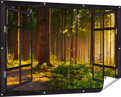 Gards Tuinposter Doorkijk Bos met Zon tussen de Bomen - 150x100 cm - Tuindoek - Tuindecoratie - Wanddecoratie buiten - Tuinschilderij