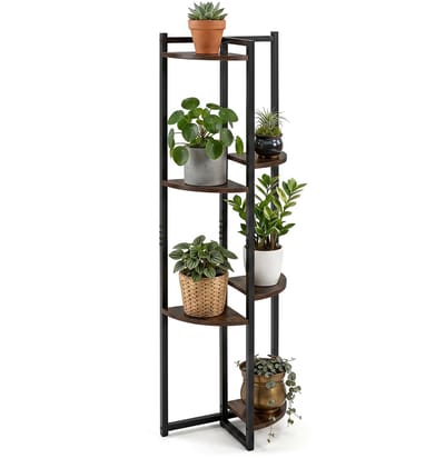 COSTWAY Plantenstandaard met 6 verspringende vakken | Bloemenrek met metalen frame & planken, Bloemenstandaard, Bloementrap voor Terras, Tuin, Balkon & Woonkamer, 42x22x136 cm