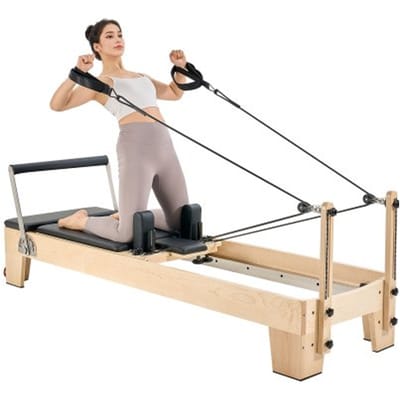 VEVOR Pilates Reformer Houten Home Gym Fitnessapparaat, Pilatesbed met dubbele weerstand - veer en koord, apparaat met zitkist, tot 181,44 kg