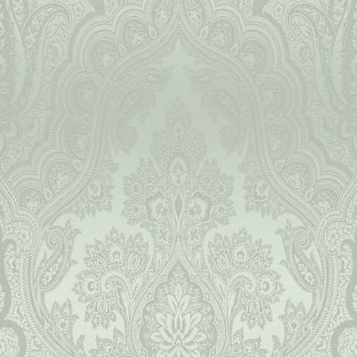 Barok behang Profhome 387081-GU vliesbehang hardvinyl warmdruk in reliëf glad in barok stijl glinsterend groen zilver mintgroen 5,33 m2