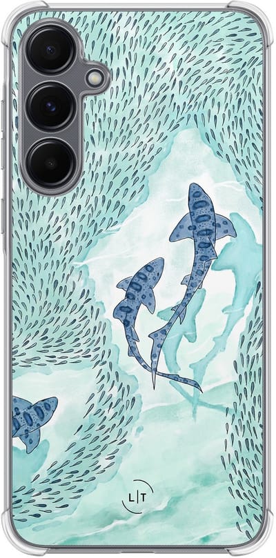 Shockproof hoesje - Geschikt voor Samsung Galaxy A35 - Baby shark - Extra sterke case - TPU/polycarbonaat - Print / Illustratie - Blauw, Transparant
