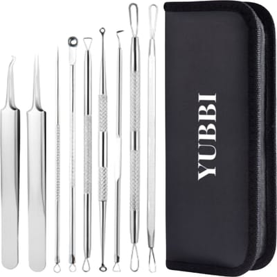 YUBBI Blackhead Remover Set - 9 Delig - Mee eters verwijderen- Comodonenlepel - Extractie Pincet - Comedonendrukker - Zilver - Inclusief Opberg Etui