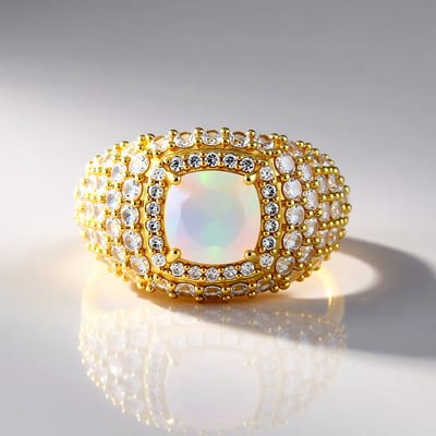 Cavill - Welo Opaal Ring 1,12 ct - 925 Sterling Zilver Verguld - Antiek Kussen Slijpsel - Zirkonia's 3,4 ct - Luxe Elegante Sieraden