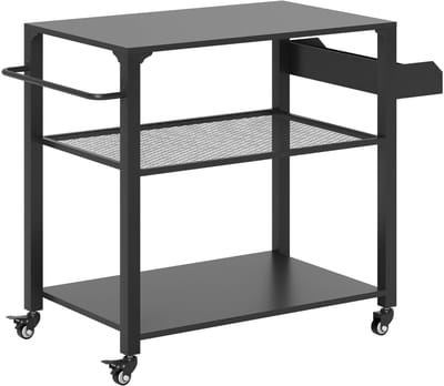 Buitenkeuken op Wielen – BBQ Trolley – Met Opbergkast & Planken – Werktafel voor Buiten – Staal & Metaal – Multifunctioneel – Zwart