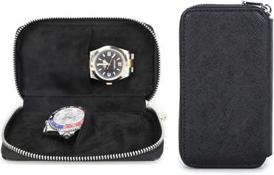 Leren Horlogedoos voor 2 Horloges, Zwart, Draagbare Reishouder met Rits, Horloge Organizer voor Mannen en Vrouwen
