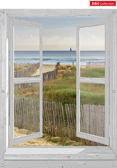Strand tuinposter - doorkijk - 130x95 cm - wit venster - duinen - duinovergang hekjes - kronkelpad - tuindoek - schuttingdoek - balkonposter