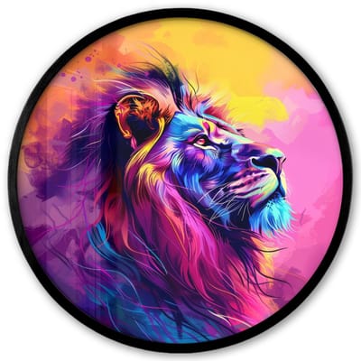 Poster in lijst Rond - Fotolijst 40x40 cm - Posters - Leeuw - Verf- Kleuren - Dier - Ronde posterlijst zwart - Decoratie - Wanddecoratie woonkamer - Muurdecoratie slaapkamer