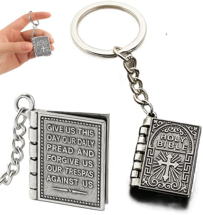 Mini Bijbel Sleutelhanger – Heilige Schrift Sleutelhanger van Zinklegering – Jezus – Christelijk Geschenk – Voor Tas, Sleutels of Cadeau – Zilver