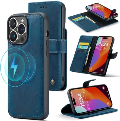 Casemania Echt Leren Hoesje Geschikt voor Apple iPhone 15 Pro - Navy Blue - 2-in-1 Magnetisch Afneembare Book Case - Portemonnee Hoes met Pasjeshouder - Geschikt voor MagSafe