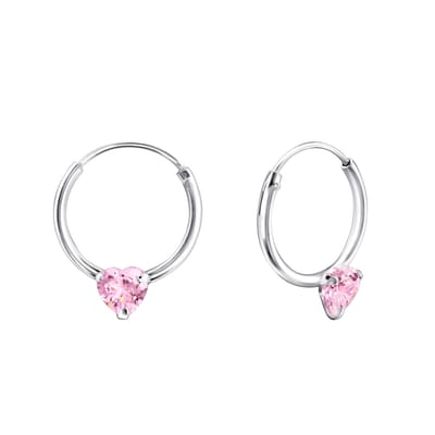 Joy|S - Zilveren oorbellen roze hartje  - oorringen 12 mm met roze hartje kristal