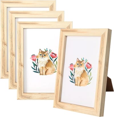 Set van 4 Houten Fotolijsten 10 x 15 cm voor Muurdecoratie en Tafeldecoratie, Kleine Fotolijsten met Natuurlijke Houtnerf