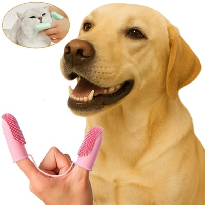 Dubbele Vinger Tandenborstel voor Hond & Kat – Superzachte TPR Borstel voor Tandverzorging, Slechte Adem & Tandplak – Roze – Geschikt voor Kleine Huisdieren – Comfortabele Tandverzorgingsset
