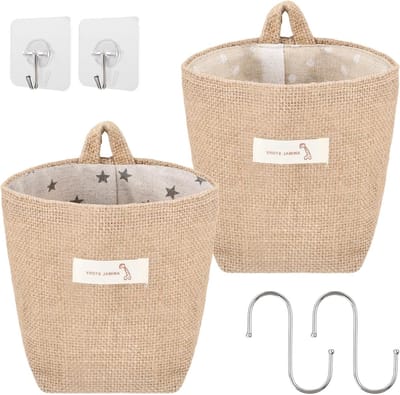 Hanging Storage Bag Set van 2, Vouwbare Wandmanden van Katoen en Linnen, Ideaal voor Speelgoed, Make-up en Kleine Voorwerpen