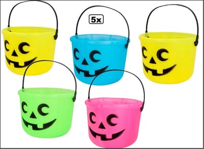 5x Pompoen emmer neon assortie 14cm x 18cm - Halloween festival carnaval thema feest party horror