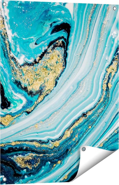 Gards Tuinposter Abstracte Luxe Kunst in het Blauw met Goud - 60x80 cm - Tuindoek - Tuindecoratie - Wanddecoratie buiten - Tuinschilderij