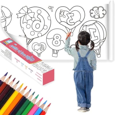 Kleurrol voor Kinderen, Verfpapier Rol, DIY Tekening Rol met 12 Kleurpotloden, Knipbaar en Zelfklevend, Perfect voor Creatieve Activiteiten en Verjaardagscadeaus