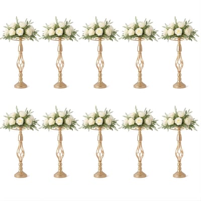 Metalen bloemstuk stand (10 stuks) - Voor bruiloft & evenementen - Elegante centerpiece / decoratiestandaard - Goudkleurig metaal (52 cm hoog) - Gold
