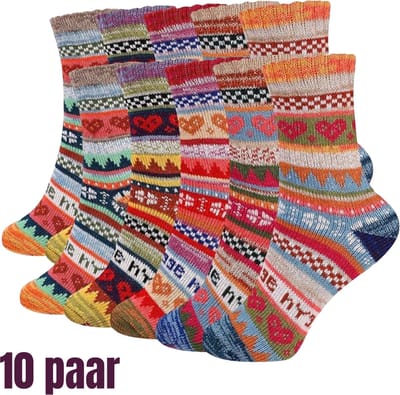 Scandinavische Hygge Sokken set 10 paar - maat 35-39 - Warme Noorse Wintersokken dames met Hartjes , Tekst en Kleurrijke patronen