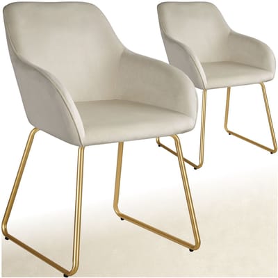 tectake® - Eetkamerstoel Jeane - Set van 2 Eetkamerstoelen - Met doorlopende rugleuning en armleuning - Kuipstoelen met fluwelen bekleding - Stijlvolle keukenstoelen voor eetkamer of woonkamer - Slipvrije en vloerbeschermende voetjes - Crème/goud