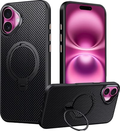 Hoesje Geschikt voor iPhone 16 Arara hoesje met MagSafe-ondersteuning en carbon design – 360° draaibare magnetische standaard – Backcover met kickstand-ring – Zwart