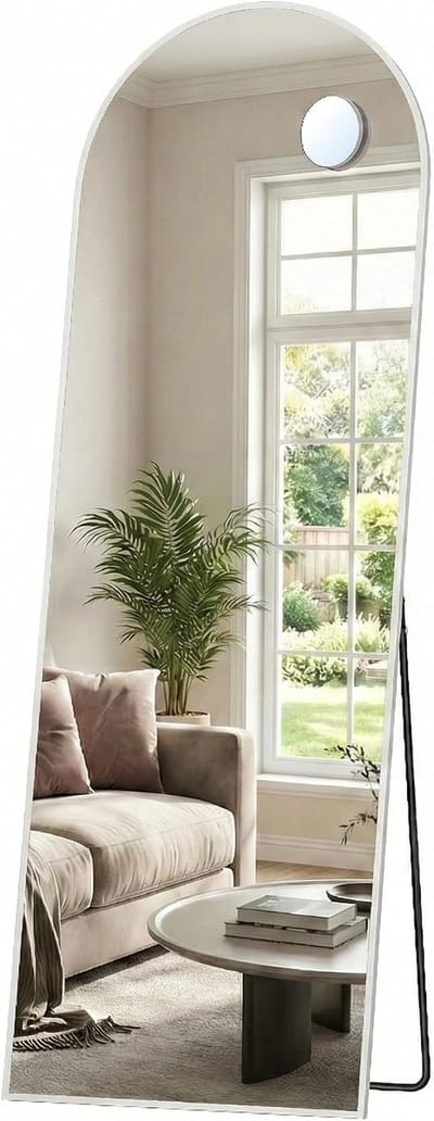 SONGMICS Staande spiegel, 160 x 50 cm, gebogen, met vergrootspiegel, frame van aluminiumlegering, gehard glas, voor slaapkamer, woonkamer, kledingkast, mat wit LFM031WC02