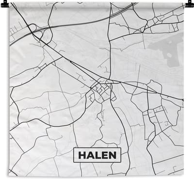 Wandkleed - Wanddoek - Kaart – Plattegrond – Stadskaart – Halen – België – Zwart Wit - 180x180 cm - Wandtapijt