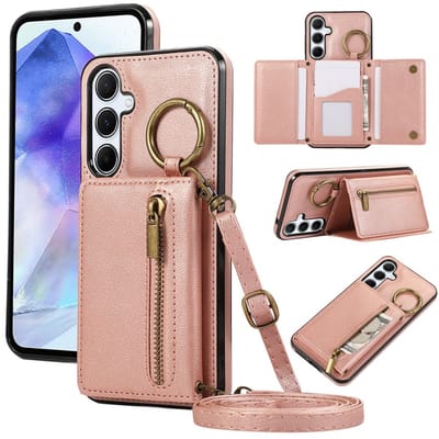 Telefoonhoesje geschikt voor Samsung Galaxy A57 5G - roze - hoesje met koord en rits - portemonnee wallet back case hoesje met rits - telefoonhoesje - hoesje met koord te gebruiken als draagtasje - back case