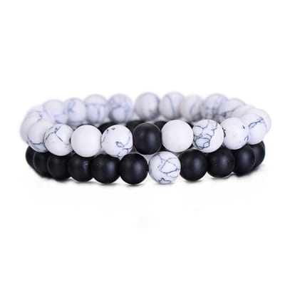 BAZORO® Kralen Armband - Elastisch - Mannen Armband Natuursteen - Set van 2 stuks - Zwart/Wit