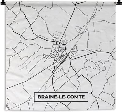 Wandkleed - Wanddoek - Stadskaart – Zwart Wit - Kaart – Braine le Comte – België – Plattegrond - 180x180 cm - Wandtapijt