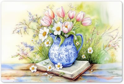 Placemats 45x30 cm - Placemat kunststof - 1 stuk - Vaas - Delftsblauw - Madeliefjes - Borden onderleggers - Decoratie voor op tafel - Keuken tafeldecoratie accessoires - Vinyl onderlegger - Tafelversiering