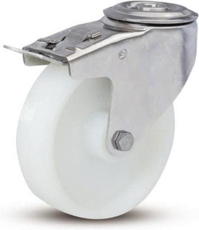 Nylon RVS zwenkwiel geremd met centraal gat - 100mm - 180kg