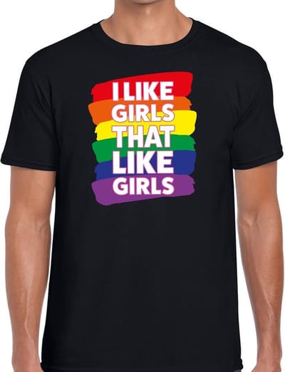 I like girls that like girls - gay pride t-shirt zwart met regenboog afbeelding voor heren - gaypride kleding S