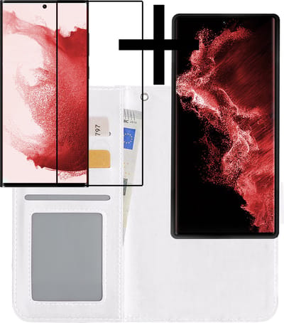 Hoesje - 2 in 1 - Geschikt voor Samsung Galaxy S22 Ultra - Met Screenprotector - En Uitneembare Hard Cover - Bookcase - Wallet Case - Met Pasjeshouder - Book Case - Uitneembaar - Pashouder - Kunstleer - Wit