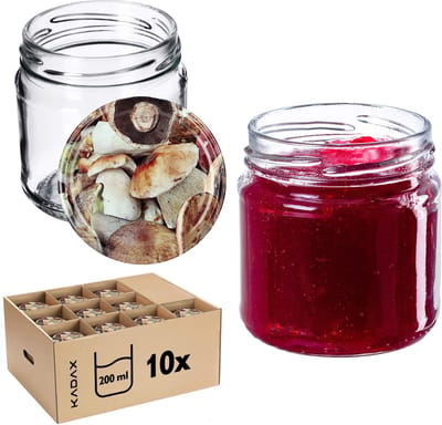 KADAX Kleine inmaakpotten, 200 ml, jampotten, diameter 66 mm, kleine potten voor honing en specerijen, luchtdichte potten, weckpotten, ronde potten (10 stuks, champignons)