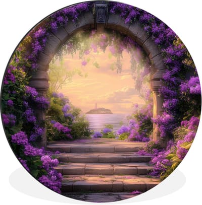 WallCircle - Wandcirkel - Muurcirkel - Poort - Paars - Bloemen - Aluminium - Dibond - 30x30 cm - Binnen en Buiten