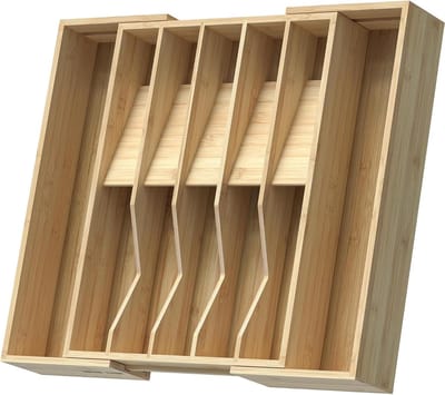 SnelShoppen - Bamboe bestekbak Uittrekbaar met 12 V-vormige vakken en Antislip Blokken, Keuken Organizer voor Bestek en Keukengerei, 42,5x32,8x6,5 cm