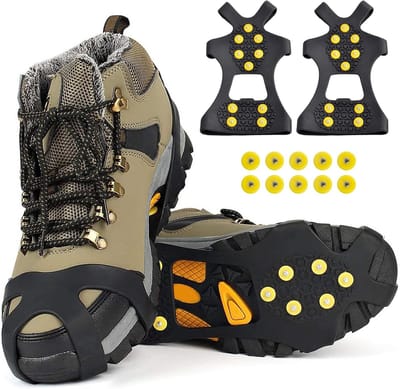 Famanu - 2 stuks anti-slip schoenspikes, anti-slip stijgijzers, spikes voor schoenen, winter, ijspikes voor sneeuw en ijs, schoenenklauwen met 10 roestvrijstalen tanden, overtrekbaar, universeel