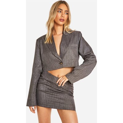 boohoo Dames Premium Pinstripe Marl Cropped Boxy Tailored Blazer | Chocoladebruin | Maat: 34